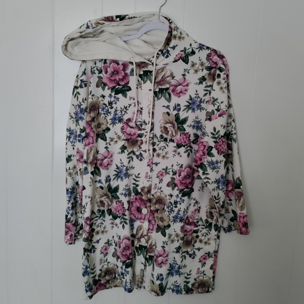 Vintage 90s hoodie jacket sweatshirt tunic button up boho shirt top floral